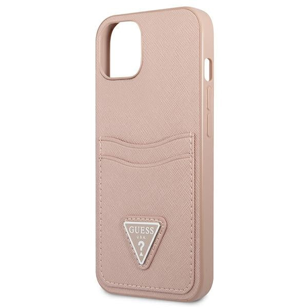 Guess Saffiano Double Card Triangle – dangtis, skirtas iPhone 13 mini (rožinis)