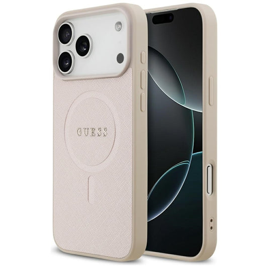 Guess Saffiano Klasikinis Logotipas MagSafe - Dėklas iPhone 17 Pro Max (rožinis)