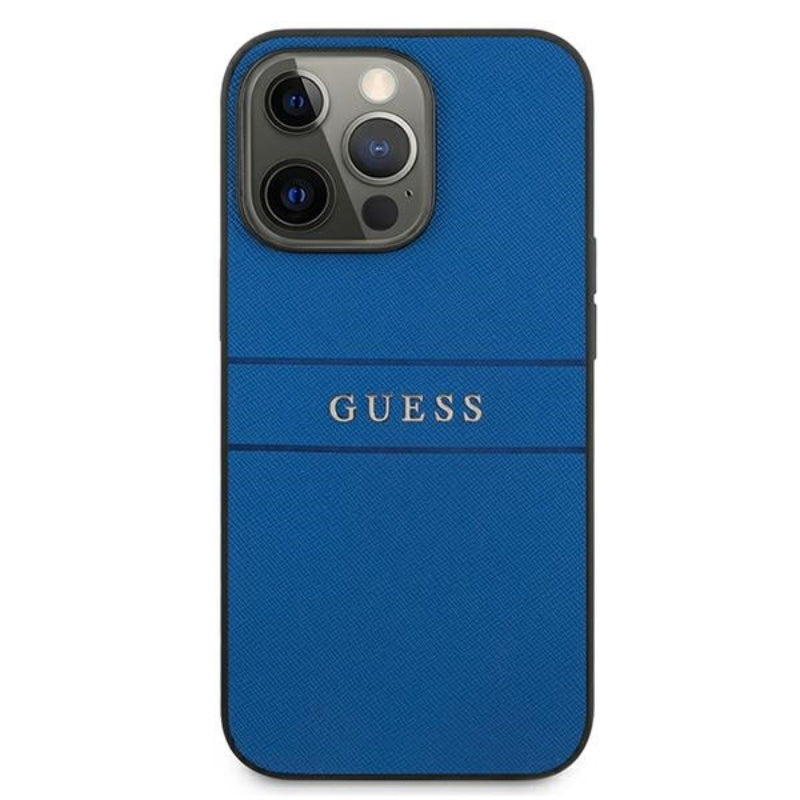 Guess Saffiano Metal Logo Stripes – Dėklas iPhone 13 Pro (mėlynas)