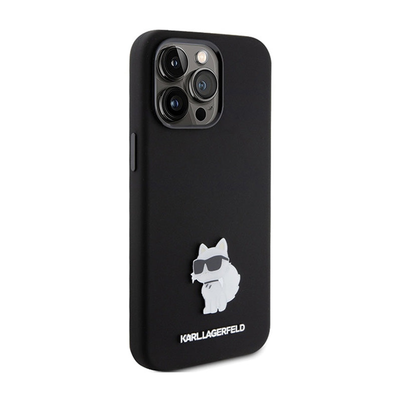 Karl Lagerfeld Silicone Choupette Metal Pin – dėklas skirtas iPhone 15 Pro (juodas)
