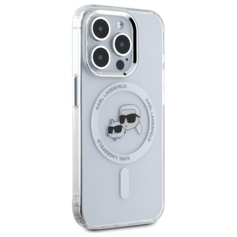 Karl Lagerfeld IML Metal Karl & Choupette Head MagSafe – dėklas, skirtas iPhone 15 Pro Max (baltas)