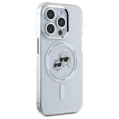 Karl Lagerfeld IML Metal Karl & Choupette Head MagSafe – dėklas, skirtas iPhone 15 Pro Max (baltas)