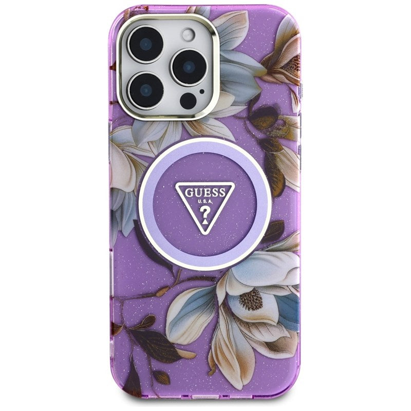 Guess Glitter Flowers Triangle Buttons MagSafe dėklas iPhone 16 Pro (violetinė)