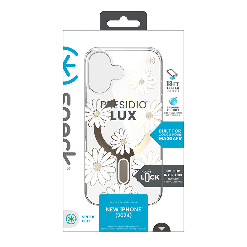 Speck Presidio Lux ClickLock & MagSafe – dėklas „iPhone 16“ (Sunshine Daisies / skaidrus / auksinis)