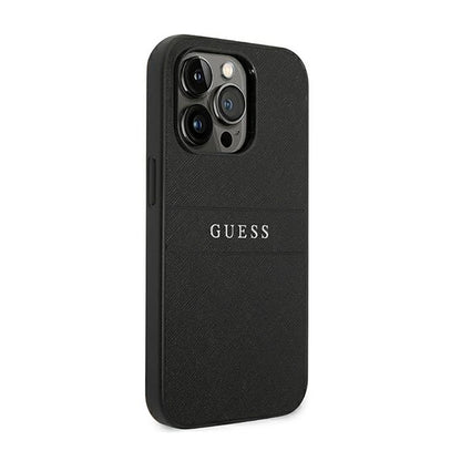 Guess Saffiano Metal Logo Stripes – dėklas skirtas iPhone 14 Pro (juodas)