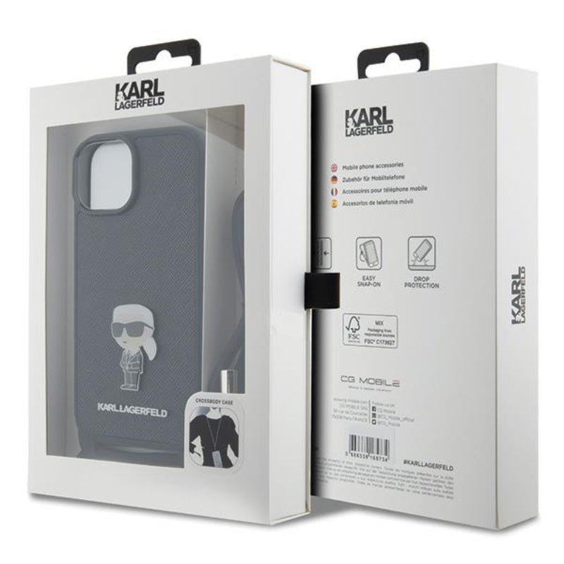 Karl Lagerfeld Crossbody Saffiano Monogram Ikonik Metal Pin - Dėklas iPhone 15 (Juodas)