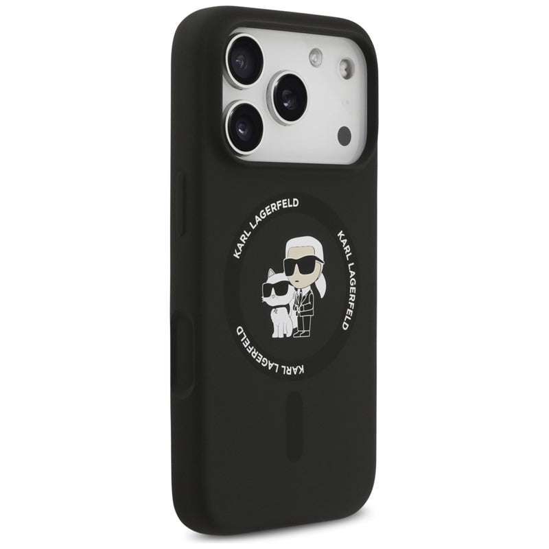 Silikoninis dėklas iPhone 17 Pro su Karl & Choupette žiedu MagSafe (juodas) - Karl Lagerfeld