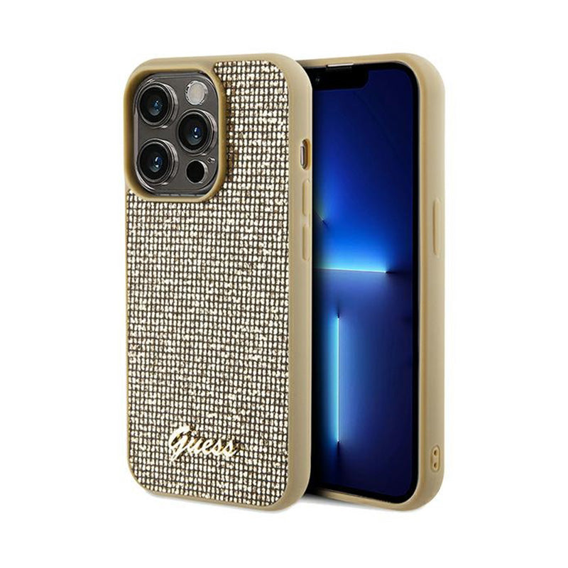 Guess Disco Metal Script – iPhone 14 Pro dėklas (aukso spalvos)