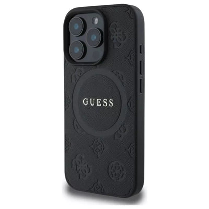 Guess Saffiano Peony Classic Logo MagSafe - dėklas iPhone 16 Pro Max (juoda)