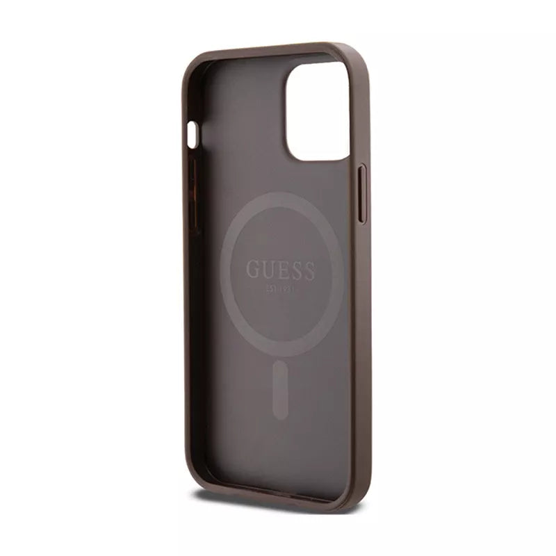 Guess 4G Collection Leather Metal Logo MagSafe – dėklas, skirtas iPhone 12 / iPhone 12 Pro (ruda)