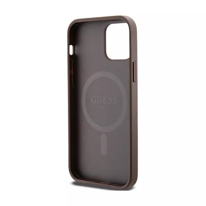 Guess 4G Collection Leather Metal Logo MagSafe – dėklas, skirtas iPhone 12 / iPhone 12 Pro (ruda)