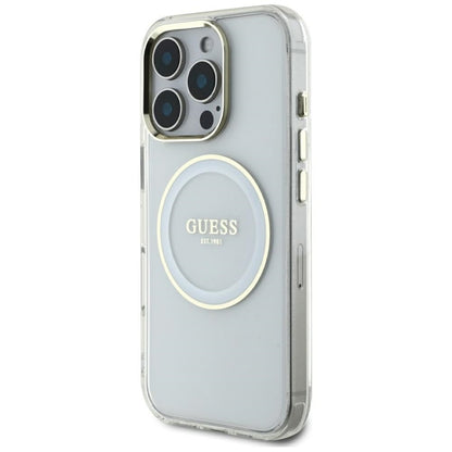 Guess IML Metal Colored Circle Classic Logo MagSafe - dėklas, skirtas iPhone 16 Pro Max (baltas)