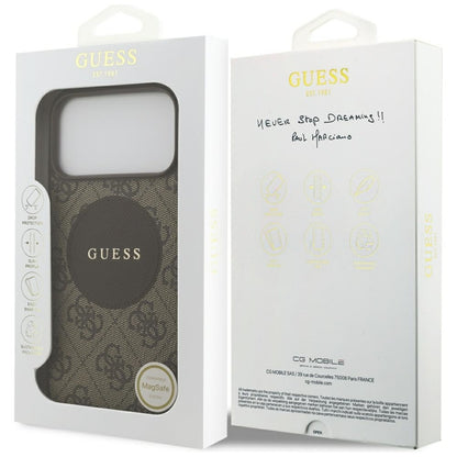 Guess 4G Circle Classic Logo MagSafe dėklas iPhone 17 Pro Max (rudos)