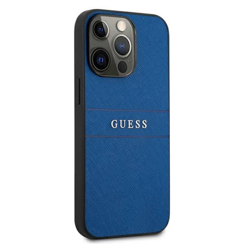 Guess Saffiano Metal Logo Stripes – Dėklas iPhone 13 Pro (mėlynas)