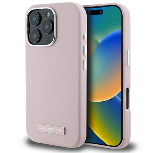 Karl Lagerfeld FW Metal Plate MagSafe – dėklas, skirtas iPhone 16 Pro Max (rožinis)
