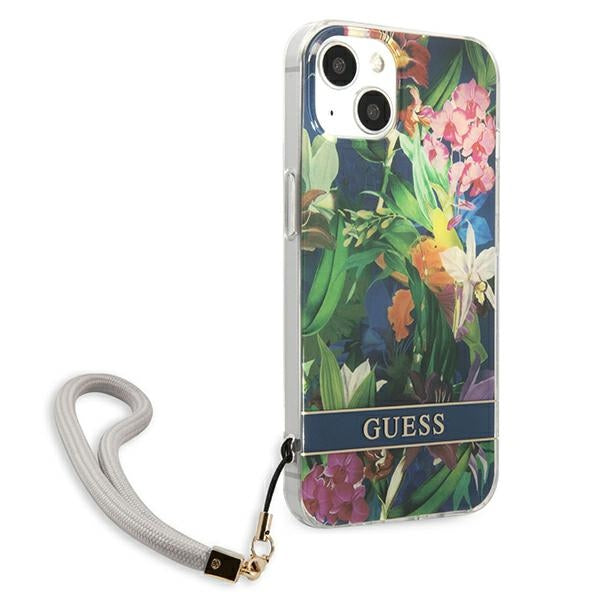 Guess Flower Cord - „iPhone 13“ dėklas su virvele (mėlyna)
