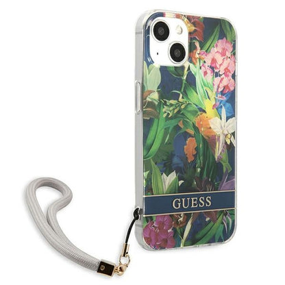 Guess Flower Cord - „iPhone 13“ dėklas su virvele (mėlyna)
