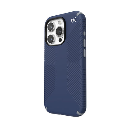 Speck Presidio2 Grip – dėklas iPhone 15 Pro (pajūrio mėlyna / dulkėta pilka / balta)