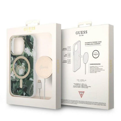 Guess Bundle Pack MagSafe IML Jungle – Dėklo ir MagSafe įkroviklio komplektas, skirtas „iPhone 14 Pro“ (chaki/aukso)