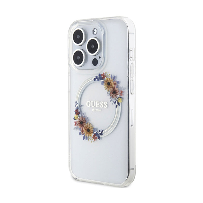 Guess IML Flowers Wreath MagSafe – „iPhone 15 Pro“ dėklas (skaidrus)