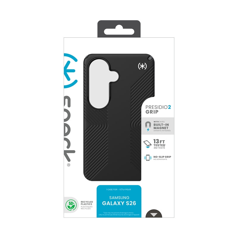 Speck Presidio2 Grip Magnet – Samsung Galaxy S26 MagSafe dėklas (juoda/skalūno pilka/balta)