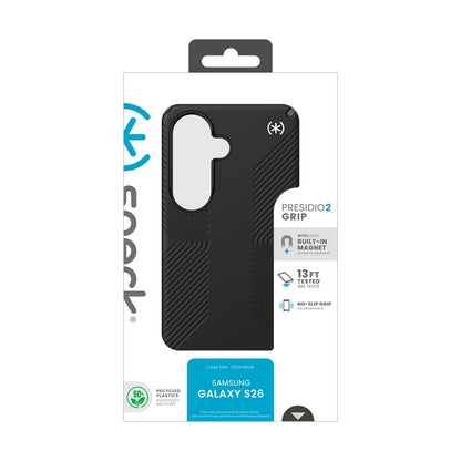 Speck Presidio2 Grip Magnet – Samsung Galaxy S26 MagSafe dėklas (juoda/skalūno pilka/balta)