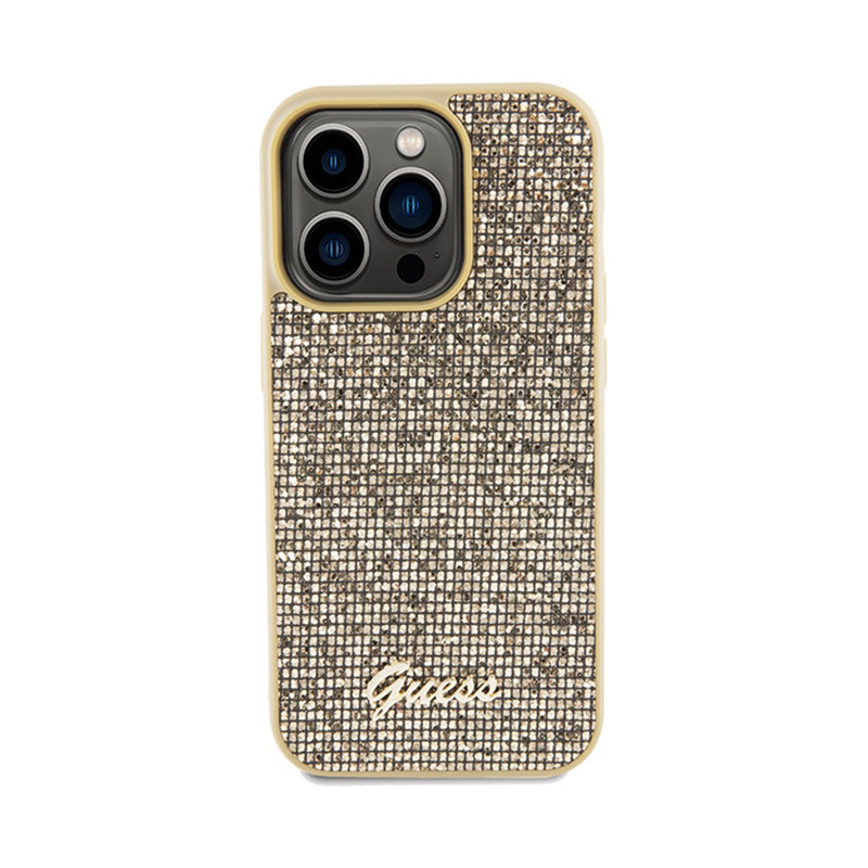 Guess Disco Metal Script – iPhone 14 Pro dėklas (aukso spalvos)