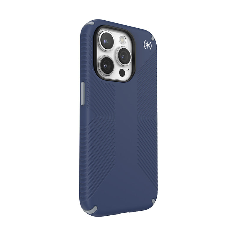 Speck Presidio2 Grip – dėklas iPhone 15 Pro (pajūrio mėlyna / dulkėta pilka / balta)