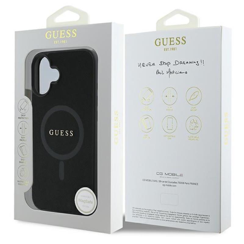 Guess Saffiano Classic Logo MagSafe – „iPhone 16 Plus“ dėklas (juodas)