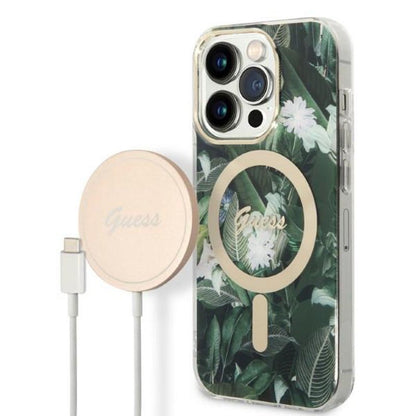 Guess Bundle Pack MagSafe IML Jungle – Dėklo ir MagSafe įkroviklio komplektas, skirtas „iPhone 14 Pro“ (chaki/aukso)