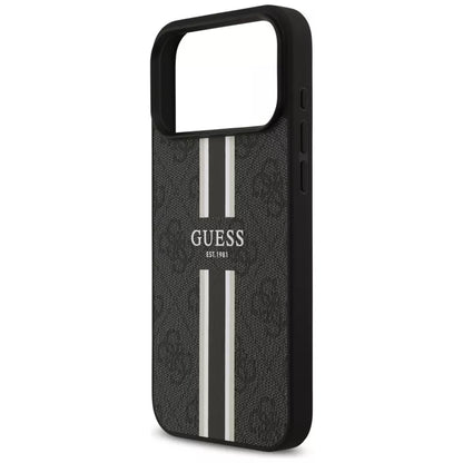 Guess 4G Dryžuoto Spaudinio MagSafe Dėklas iPhone 17 Pro Max (Juodas)