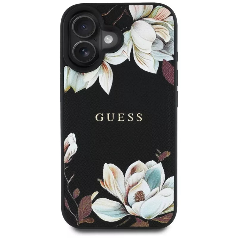 Guess Grained Printed Flower Pattern MagSafe - dėklas iPhone 16 (juodas)