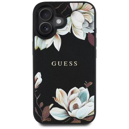 Guess Grained Printed Flower Pattern MagSafe - dėklas iPhone 16 (juodas)