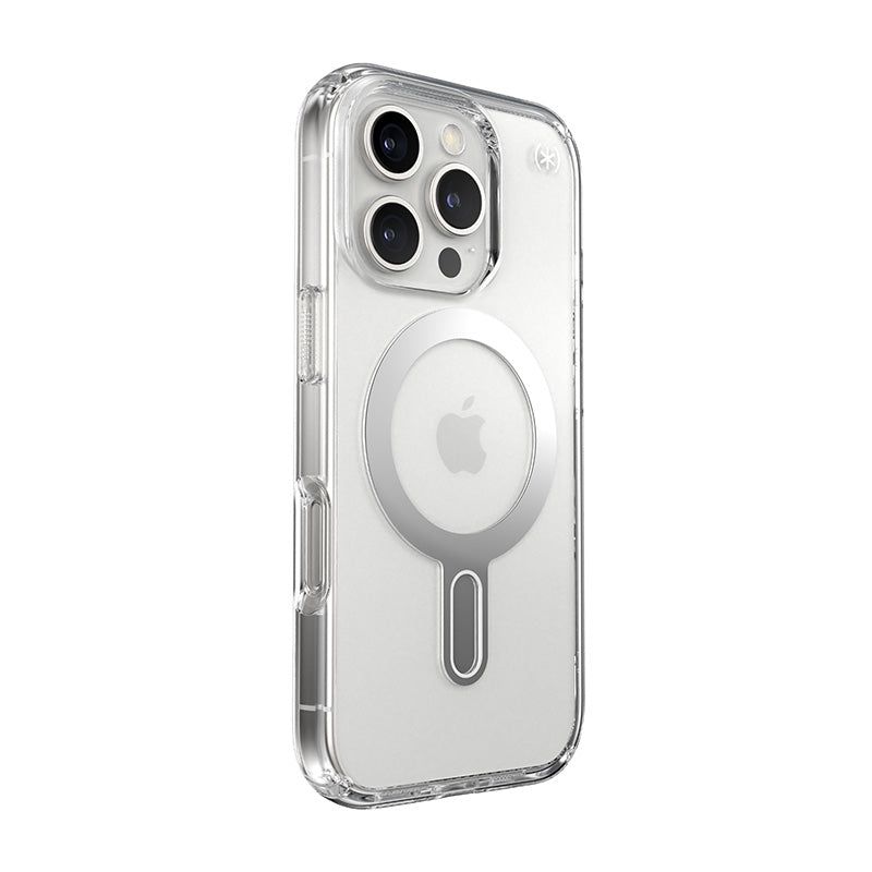 Speck Presidio Perfect-Clear ClickLock & MagSafe – Dėklas skirtas iPhone 16 Pro (Skaidrus / Chromuotas Paviršius / Serene Silver)