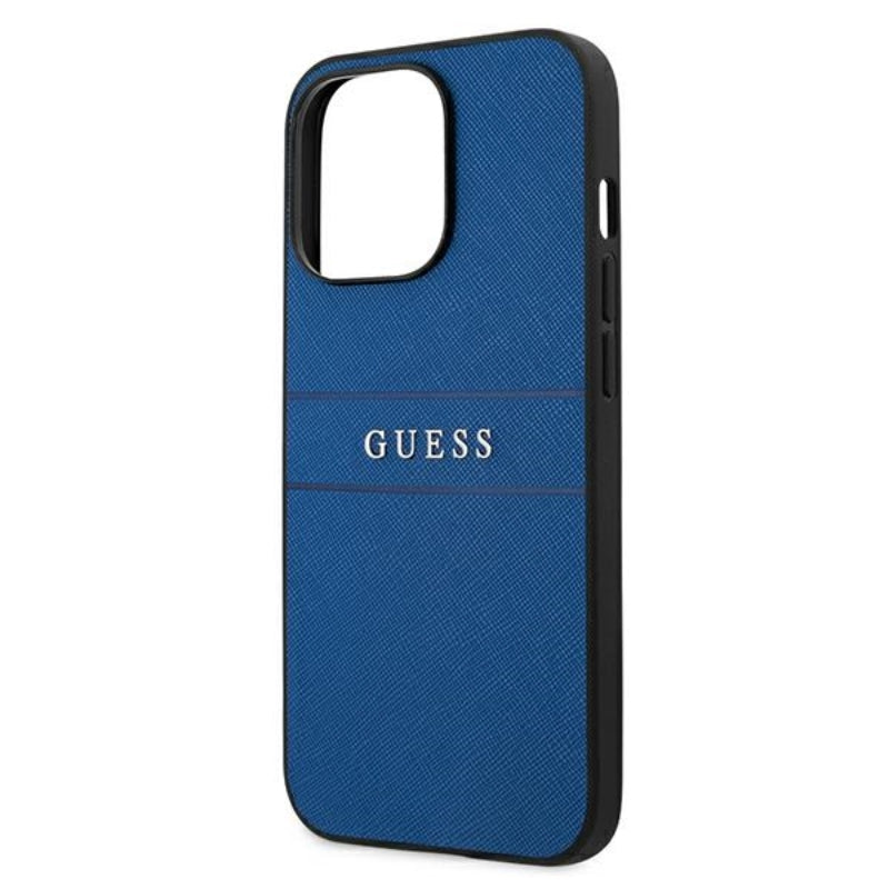 Guess Saffiano Metal Logo Stripes – Dėklas iPhone 13 Pro (mėlynas)