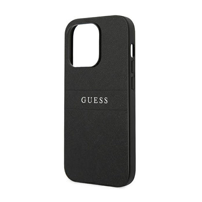 Guess Saffiano Metal Logo Stripes – dėklas skirtas iPhone 14 Pro (juodas)