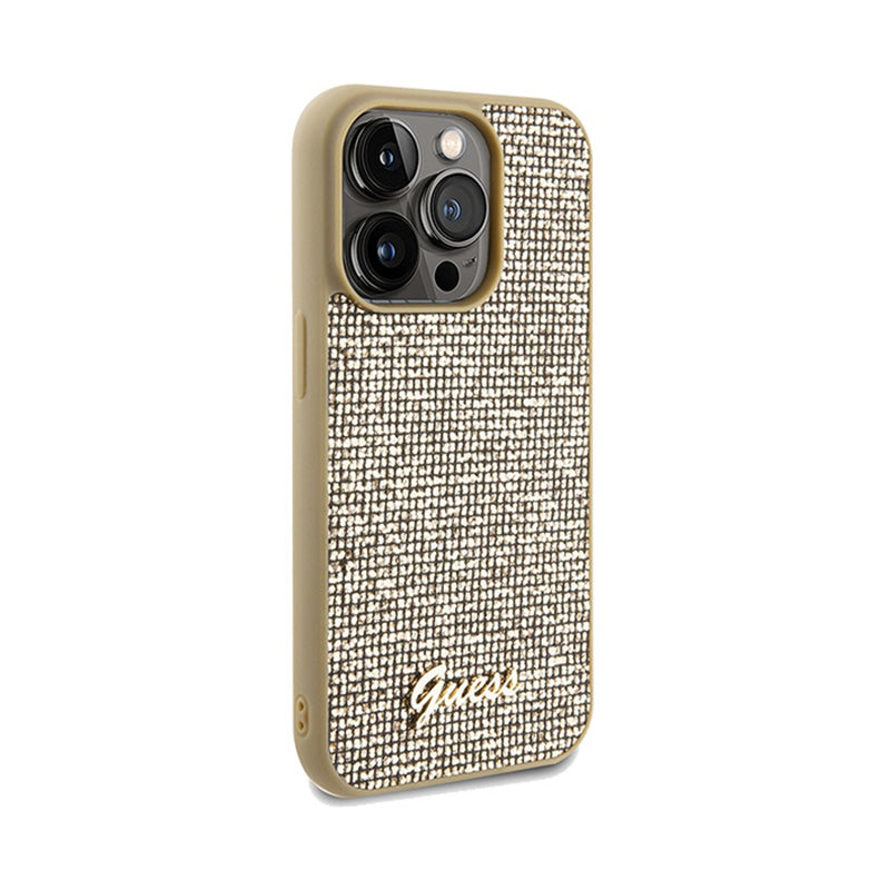 Guess Disco Metal Script – iPhone 14 Pro dėklas (aukso spalvos)