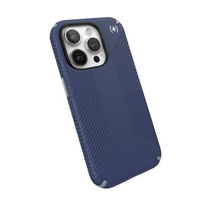 Speck Presidio2 Grip – dėklas iPhone 15 Pro (pajūrio mėlyna / dulkėta pilka / balta)