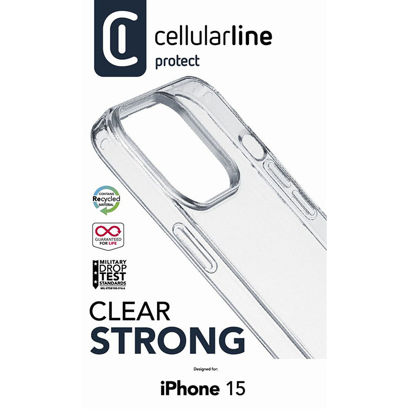 Cellularline Clear Strong – iPhone 15 dėklas su antimikrobine apsauga (skaidrus)