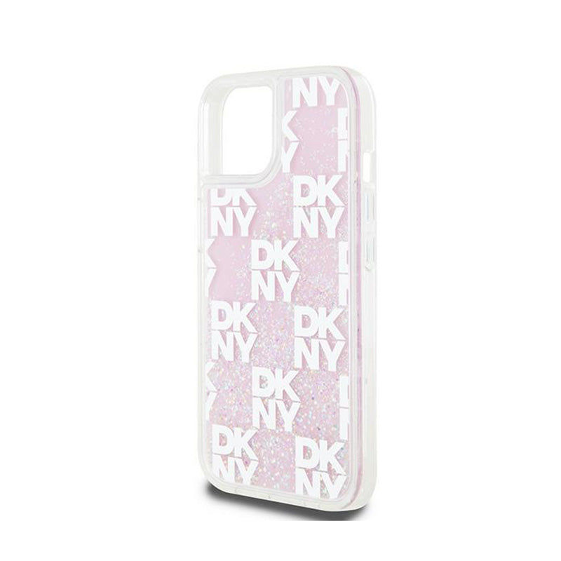 DKNY Liquid Glitter Multilogo – Dėklas iPhone 15 / 14 / 13 (rožinis)