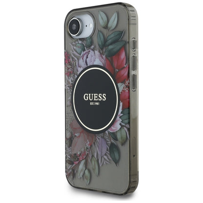 Guess IML Flowers MagSafe – dėklas skirtas iPhone 16e (juodas)