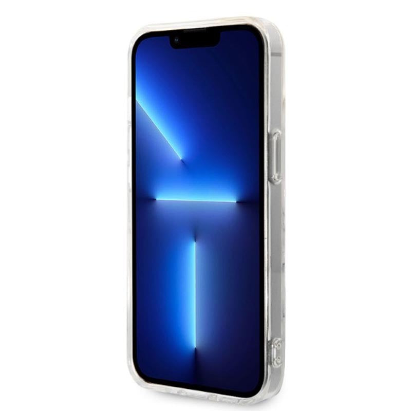 Guess Complete pakuotė MagSafe IML Marble – Dėklo ir MagSafe įkroviklio rinkinys, skirtas iPhone 14 Plus (balta/auksinė)