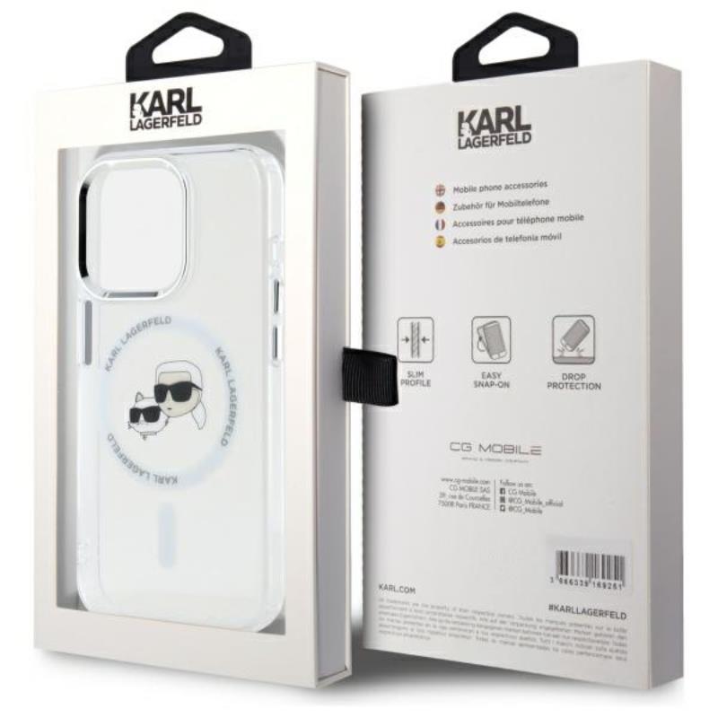 Karl Lagerfeld IML Metal Karl & Choupette Head MagSafe – dėklas, skirtas iPhone 15 Pro Max (baltas)