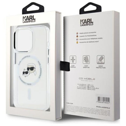 Karl Lagerfeld IML Metal Karl & Choupette Head MagSafe – dėklas, skirtas iPhone 15 Pro Max (baltas)