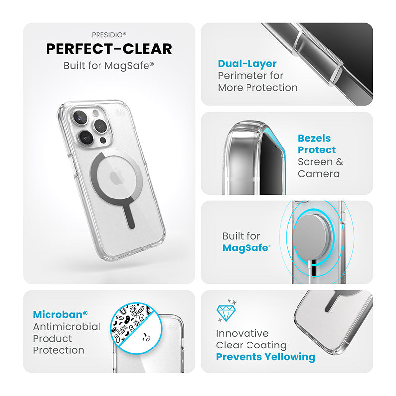 Speck Presidio Perfect-Clear MagSafe – dėklas, skirtas iPhone 15 Pro (skaidrus / chromo apdaila / ramus sidabras)