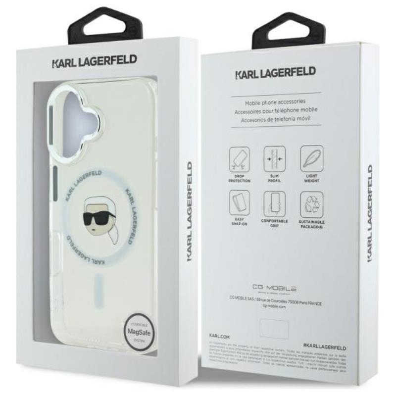 Karl Lagerfeld IML Metal Karl Head MagSafe – „iPhone 16“ dėklas (baltas)