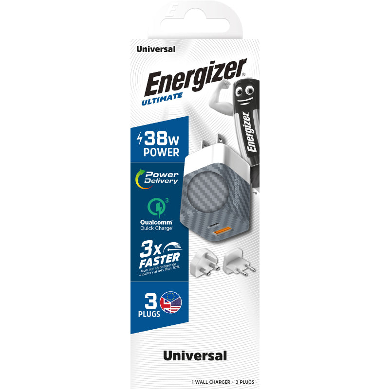 Energizer Ultimate – daugiafunkcis EU / UK / US tinklo įkroviklis GaN 38W PD + QC3.0 (sidabrinis)