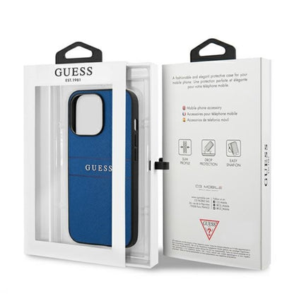 Guess Saffiano Metal Logo Stripes – Dėklas iPhone 13 Pro (mėlynas)
