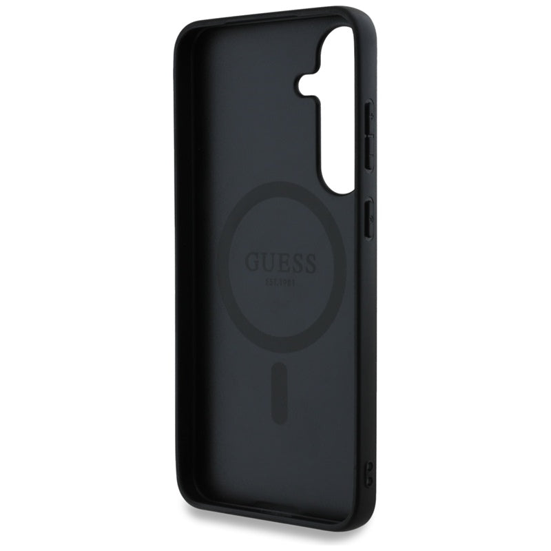 Guess Leather 4G Colored Ring Classic Logo MagSafe – dėklas Samsung Galaxy S25 (juodas)