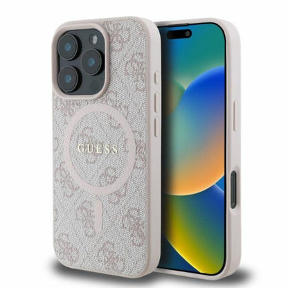 Guess 4G Ring Classic Logo MagSafe dėklas iPhone 16 Pro (rožinė)